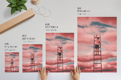 Wandposter Person auf Leiter, rosa Wolken, Himmel, Träume