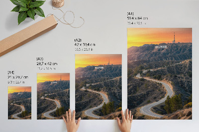 Poster Hügel Inschrift Straße Sonnenuntergang Träume