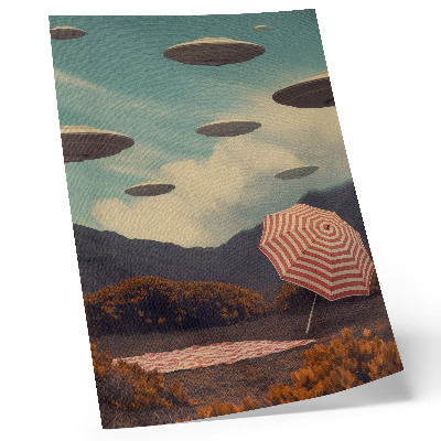 Poster Malerische Landschaft, Regenschirm und geheimnisvolle Objekte