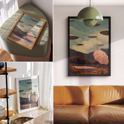 Poster Malerische Landschaft, Regenschirm und geheimnisvolle Objekte