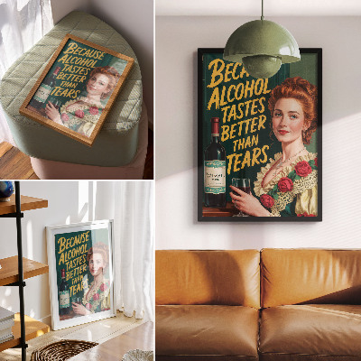 Kunstdruck leinwand Elegante Frau im Retro-Stil mit Wein und Inschrift