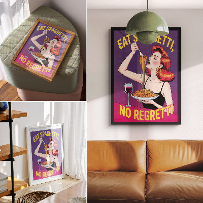 Poster Bunte Frau isst Spaghetti mit Wein