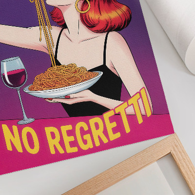 Poster Bunte Frau isst Spaghetti mit Wein