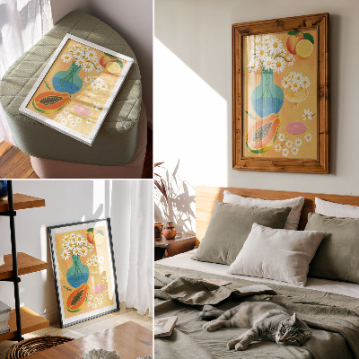 Poster Saftige Früchte, bunte Gänseblümchen, illustrativer Stil