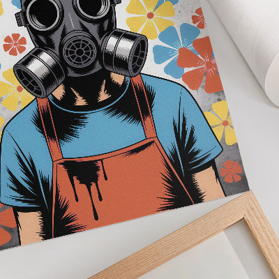 Poster Comicfigur mit Maske und bunten Blumen