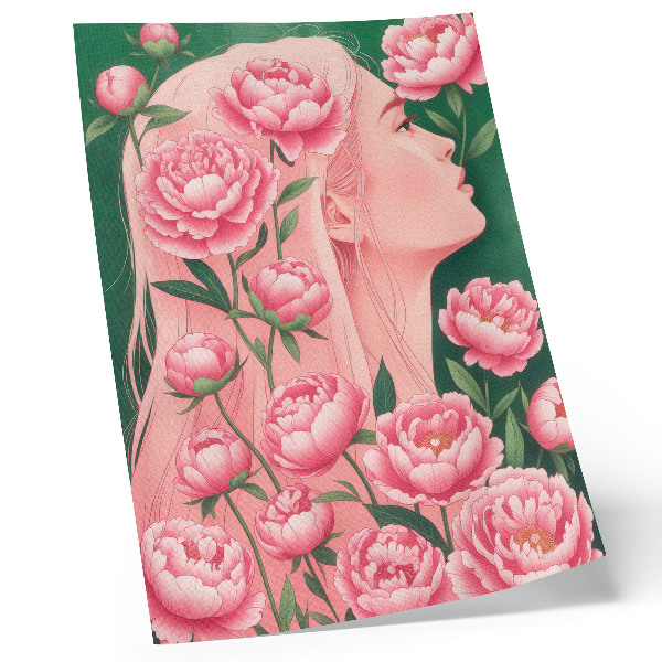 Kunstdruck leinwand Eine Frau inmitten rosa Pfingstrosen vor grünem Hintergrund