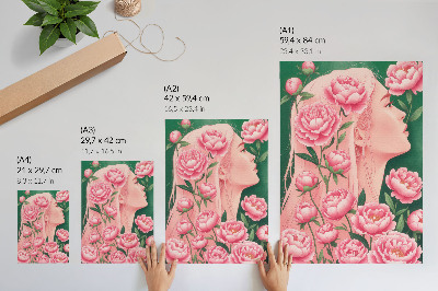 Kunstdruck leinwand Eine Frau inmitten rosa Pfingstrosen vor grünem Hintergrund