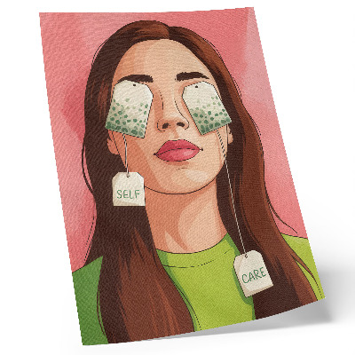 Wandposter Bunter Hintergrund mit grünen Details und einer Figur mit Tee