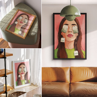 Wandposter Bunter Hintergrund mit grünen Details und einer Figur mit Tee