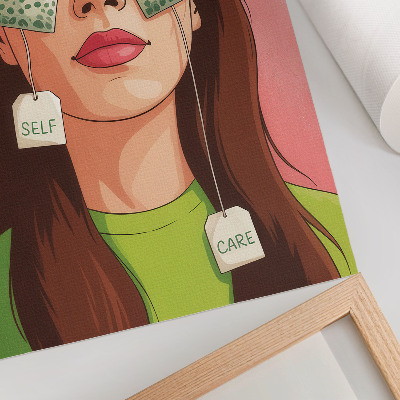 Wandposter Bunter Hintergrund mit grünen Details und einer Figur mit Tee
