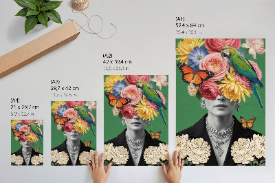 Poster Blumen, Vögel, Schmetterlinge, elegante Figuren, Surrealismus