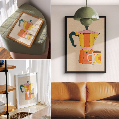 Wandposter Geometrische Kaffeekanne und Tasse, lebendige und optimistische Farben