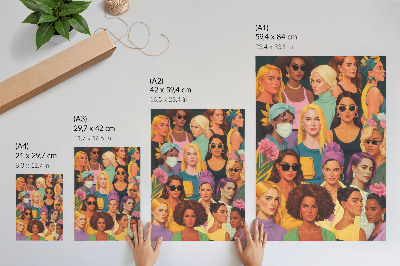 Poster Farbenfrohe Porträts von Frauen mit verschiedenen modischen Frisuren.