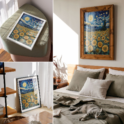 Wandposter Ein Sonnenblumenfeld unter einem Sternenhimmel