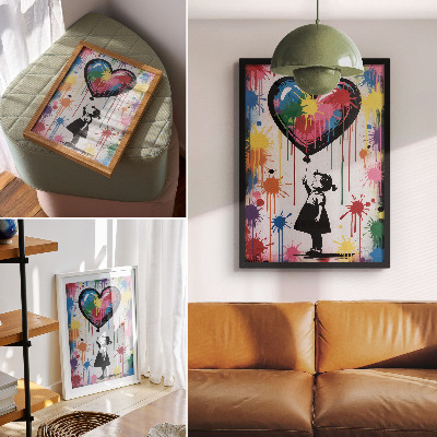 Poster Schwarz-weiße Figur mit einem bunten Graffiti-Herz
