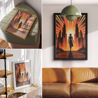 Kunstdruck leinwand Stadtsilhouette, orangefarbenes Licht, Frau