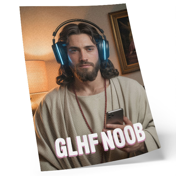 Wandposter Mann mit Kopfhörern, Smartphone, Rosenkranz, Inschrift