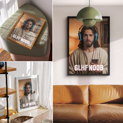 Wandposter Mann mit Kopfhörern, Smartphone, Rosenkranz, Inschrift