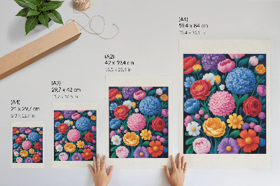 Poster Illustration mit bunten Blumen auf grünem Hintergrund