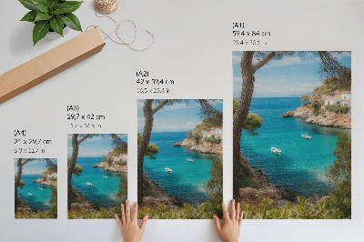 Poster Eine Bucht mit Booten und einem Haus in einer malerischen Landschaft