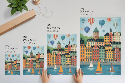 Wandposter Mietskasernen, Ballons, Segelboote, farbenfrohe Atmosphäre