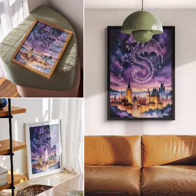 Kunstdruck leinwand Fantasiewelt, Drachenschloss, Himmel, Sterne, Weltraum