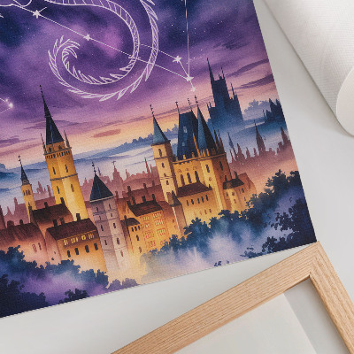 Kunstdruck leinwand Fantasiewelt, Drachenschloss, Himmel, Sterne, Weltraum