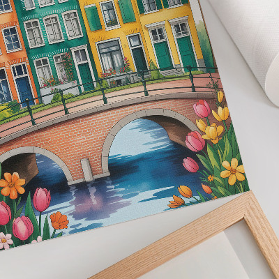 Kunstdruck leinwand Bunte Mietshäuser am Kanal, illustrativer Stil