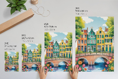 Kunstdruck leinwand Bunte Mietshäuser am Kanal, illustrativer Stil