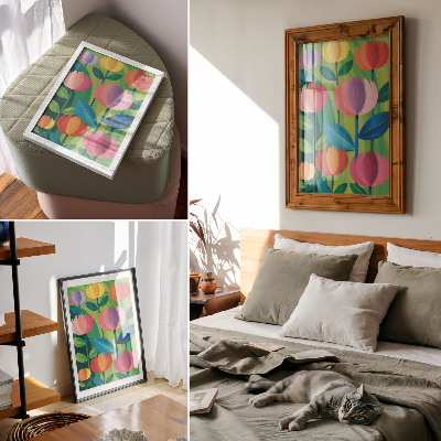 Wandposter Bunte geometrische Blumen und Blätter auf grünem Hintergrund