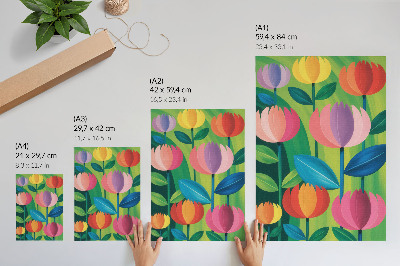 Wandposter Bunte geometrische Blumen und Blätter auf grünem Hintergrund