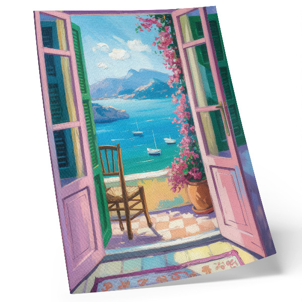 Kunstdruck leinwand Offene Tür, leuchtende Blumen, meerblaue Segelboote