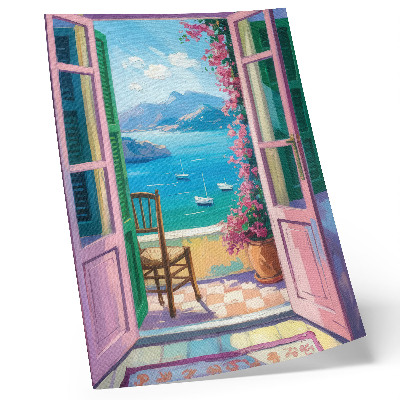 Kunstdruck leinwand Offene Tür, leuchtende Blumen, meerblaue Segelboote