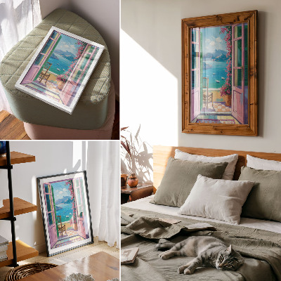 Kunstdruck leinwand Offene Tür, leuchtende Blumen, meerblaue Segelboote