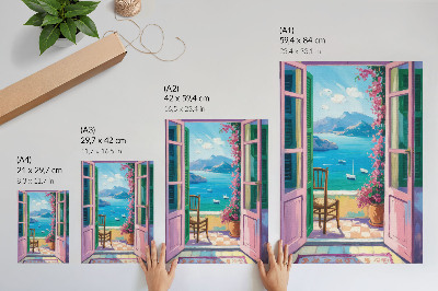 Kunstdruck leinwand Offene Tür, leuchtende Blumen, meerblaue Segelboote