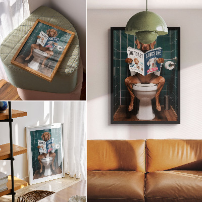Kunstdruck leinwand Hund auf Toilette mit grünem Fliesenmagazin