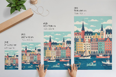 Poster Bunte Mietshäuser am Wasser, Charme und Harmonie