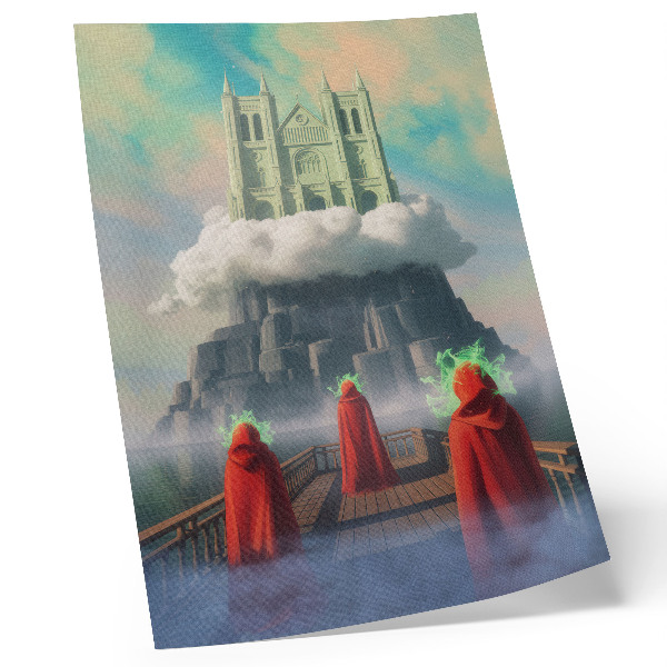 Kunstdruck leinwand Schloss in den Wolken, Figuren in Mänteln, Surrealismus