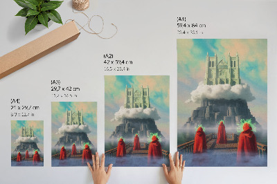 Kunstdruck leinwand Schloss in den Wolken, Figuren in Mänteln, Surrealismus