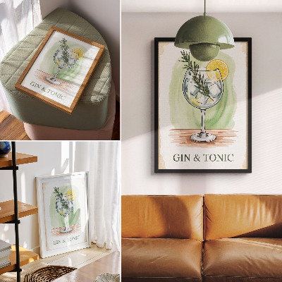 Wandposter Ein Glas Gin mit Rosmarin und Zitrone auf grünem Hintergrund
