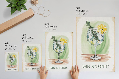 Wandposter Ein Glas Gin mit Rosmarin und Zitrone auf grünem Hintergrund