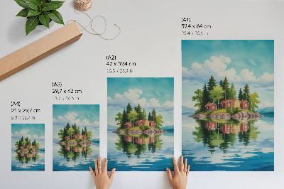 Kunstdruck leinwand Malerische Insel, Häuser, Bäume, ruhiges Wasser