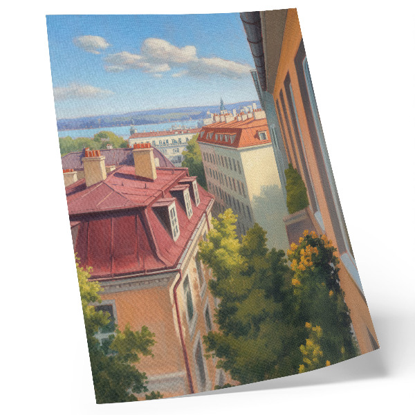 Poster Üppige Bäume, rote Ziegel, blauer Himmel