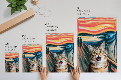 Poster Eine Katze vor dem Hintergrund eines farbenfrohen, abstrakten Gemäldes.