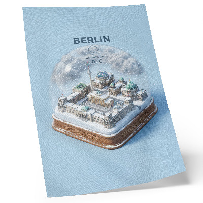 Wandposter Eine Miniaturstadt in einer gläsernen Schneekugel