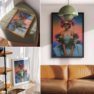 Kunstdruck leinwand Frau mit Blumen vor dem Hintergrund eines Sonnenuntergangs
