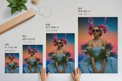 Kunstdruck leinwand Frau mit Blumen vor dem Hintergrund eines Sonnenuntergangs