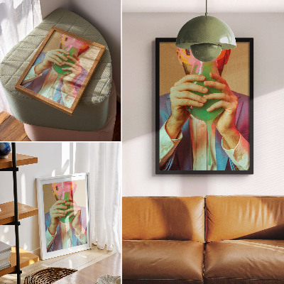 Kunstdruck leinwand Eine farbenfrohe Maske in den Händen einer surrealen Figur