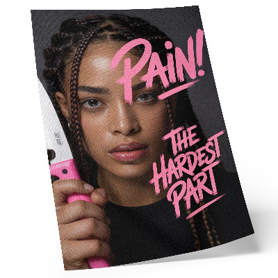 Poster Gesicht mit pinkfarbener Schrift, dynamische Atmosphäre