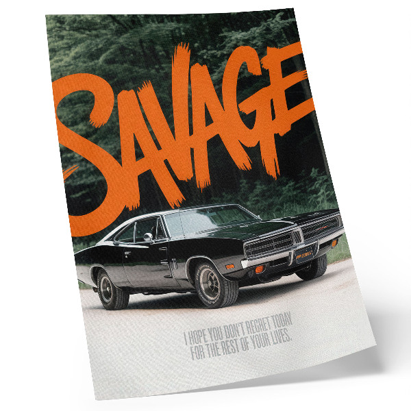Kunstdruck leinwand Klassisches Auto, orangefarbene Schriftzüge, Naturmotiv